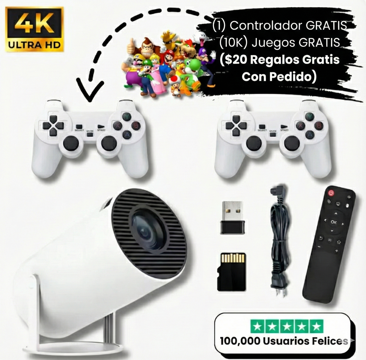 Retro Gaming en tu pared – Plug & Play + 2 CONTROLES + Cables + Soporte